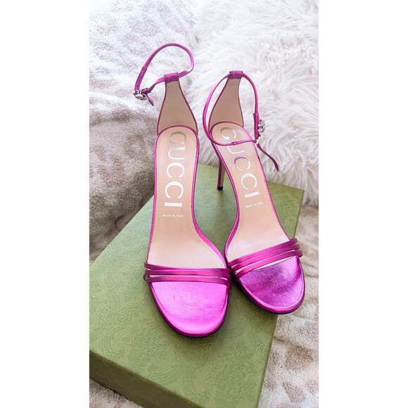 GUCCI  Ilse Metallic Leather Sandals - Fuxia 38.5 - Picture 2 of 12